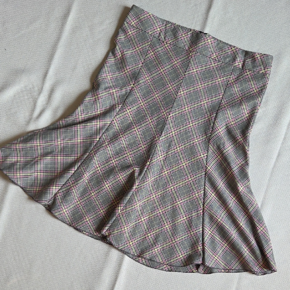Vintage Spring Street Plaid A-Line Skirt - Gray Yellow and Pink Y2K 90s Size 13